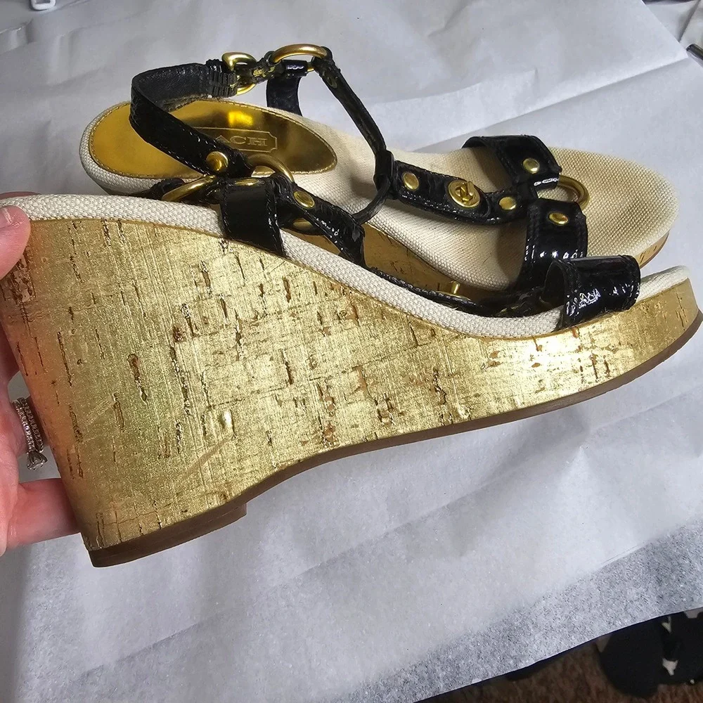 Coach Mercy Black Patent Leather Gold Metallic Cork Wedge Sandals Womens 8.5